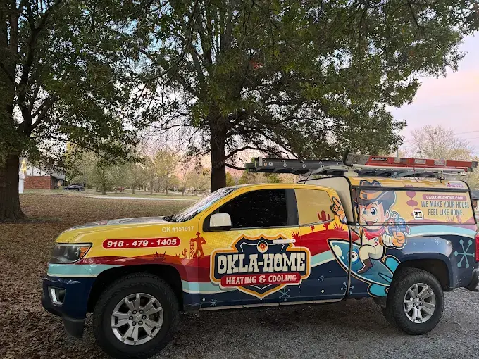 Okla-Home HVAC service truck arriving at residential customer location