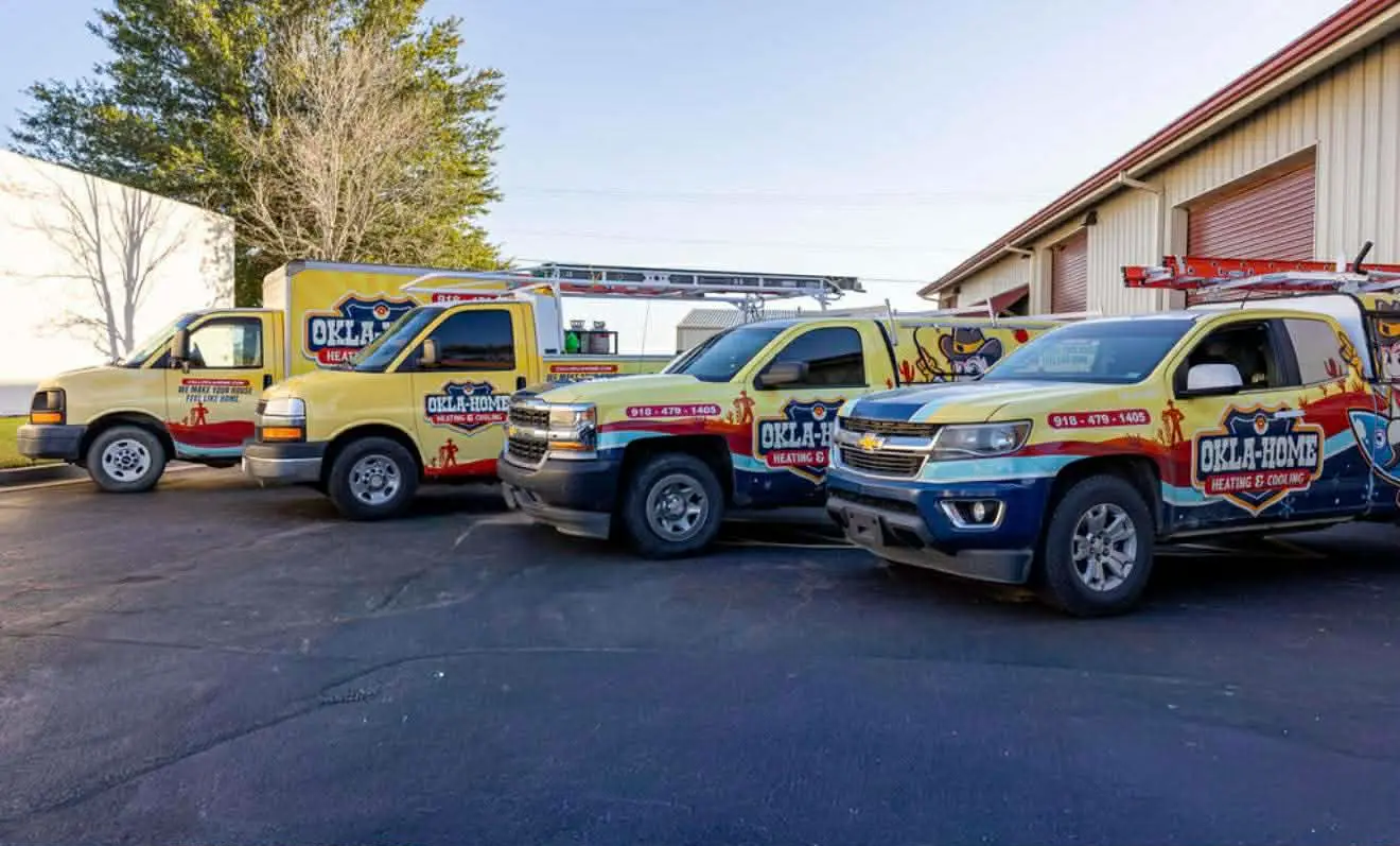 Okla-Home fleet of fully-stocked HVAC service vehicles serving Tulsa Metro - 5 trucks ready for rapid response